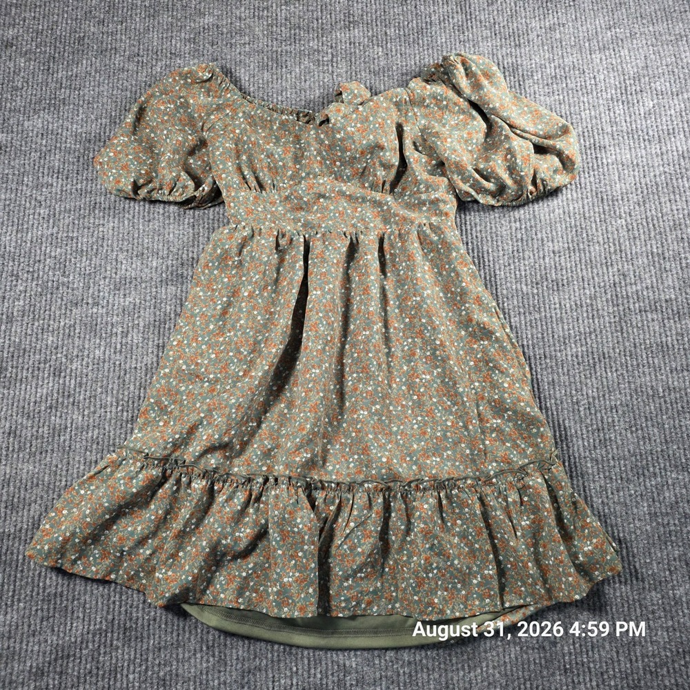 Altar'd State Olive Green Floral Puff Sleeve Tie Back Mini Dress Medium